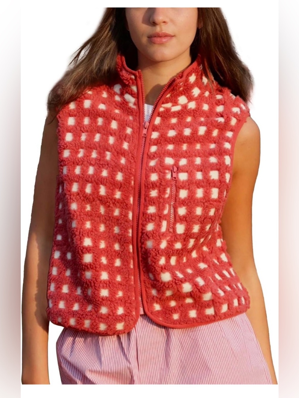Women’s red gingham Fleece Vest -m